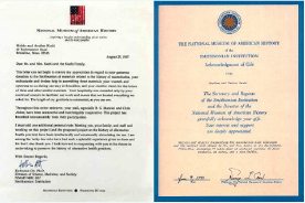 美國歷史博物館感謝函給久司道夫博士